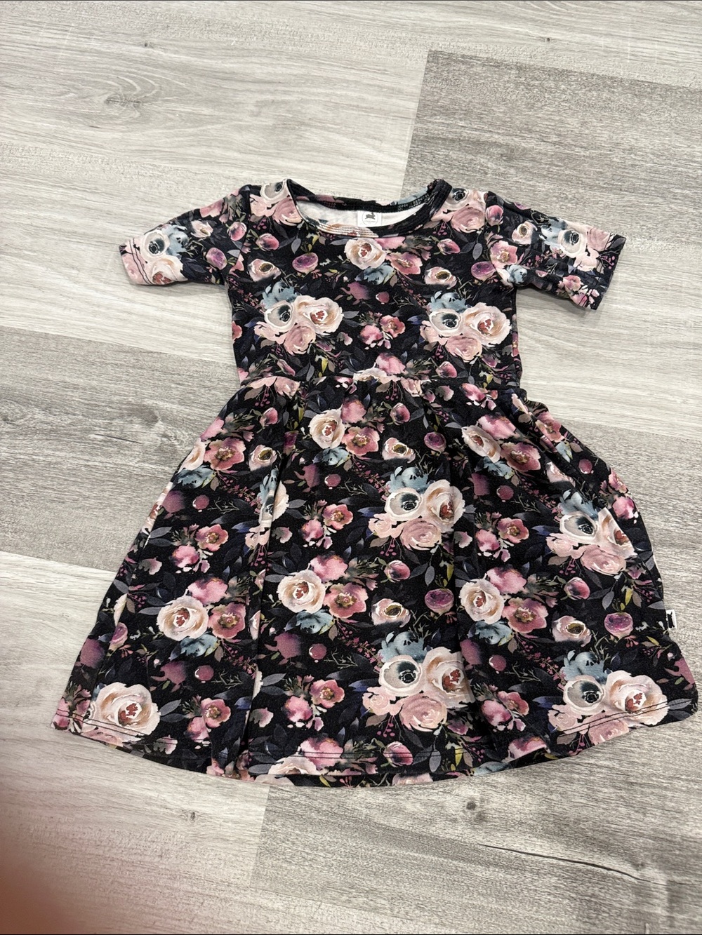 Girls' Floral Short Sleeve Casual Dress in Black & Pink